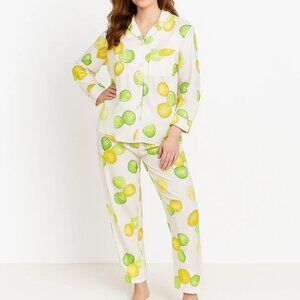 Deadstock Vintage Novelty Citrus Print Matching Pajama Shirt & Long Pants PJ Set